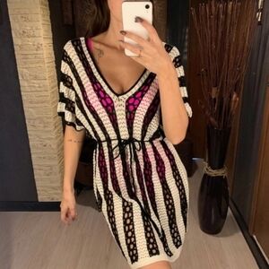 Black and White Crochet Mini Dress Cover Up